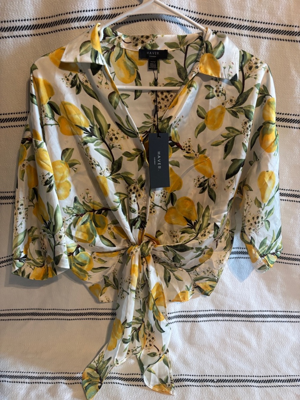 Haver White Lemon-Print Tie-Front Blouse
